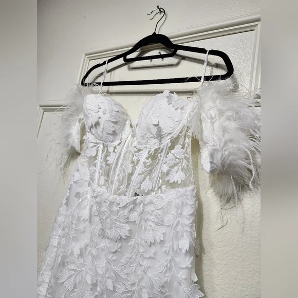 Lulus Midnight Sparkle White Mesh Embroidered Feather Bustier Jumpsuit XL Bridal - Picture 7 of 9